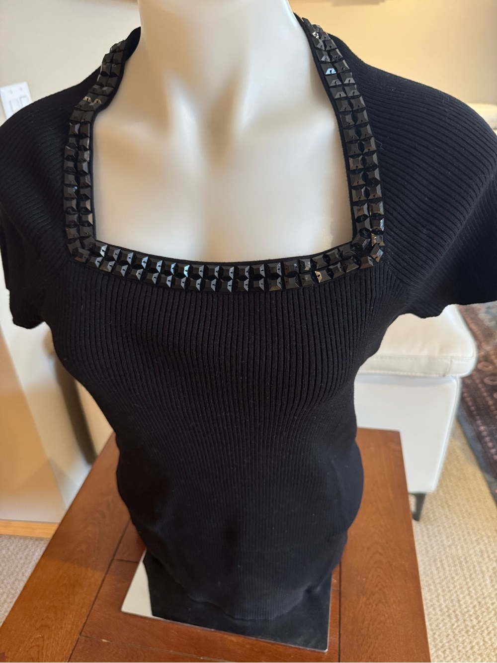 INC International Concepts Black Studded Square-Neck Ribbed Top